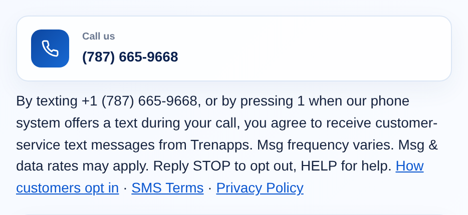 Captura del aviso SMS que aparece debajo del teléfono (787) 665-9668 en la sección de contacto de trenapps.com, con enlaces a los Términos SMS y a la Política de privacidad
